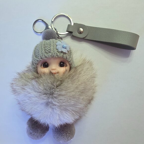 Cute Smiling Fur Baby Keychain with LOVE tag, Plush rabbit fur, Bag Charm - Picture 3 of 5